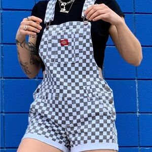 Women’s Dickies White & Grey checkered Short Skater Grunge Overalls Size Small